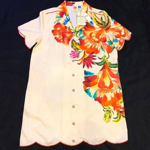 XL-Farm Rio Anthropologie Womens Shirt Dress XL Linen Blend Floral Button Front - Picture 2 of 15
